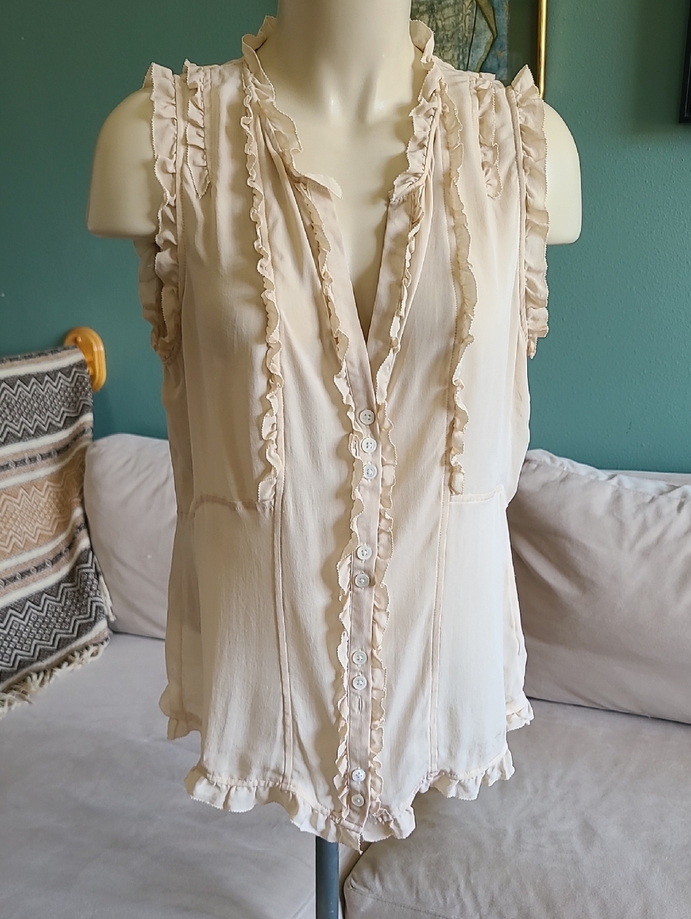 Banana Republic Silk Sleeveless Ruffle-Trim Button Front Top - Cream